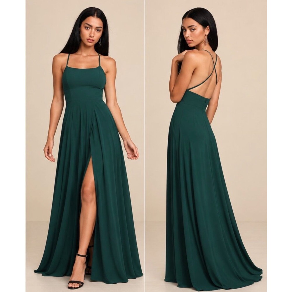 Lulus Forest Green Dreamy Romance Backless Maxi Dress Slit Formal Size M i